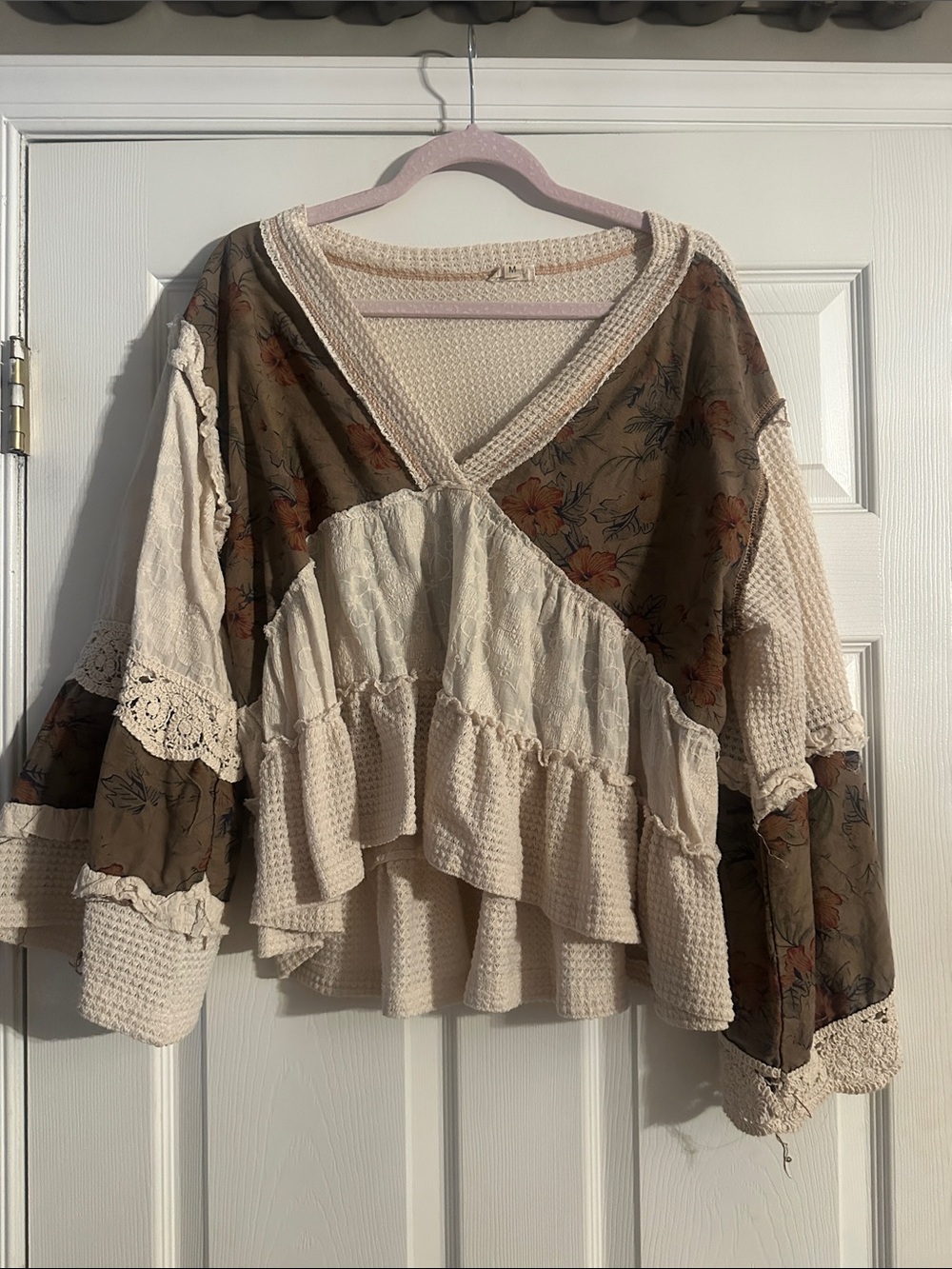 POL Boho Patchwork V‑Neck Ruffle Blouse in Cream and Olive Brown - Picture 3 of 7